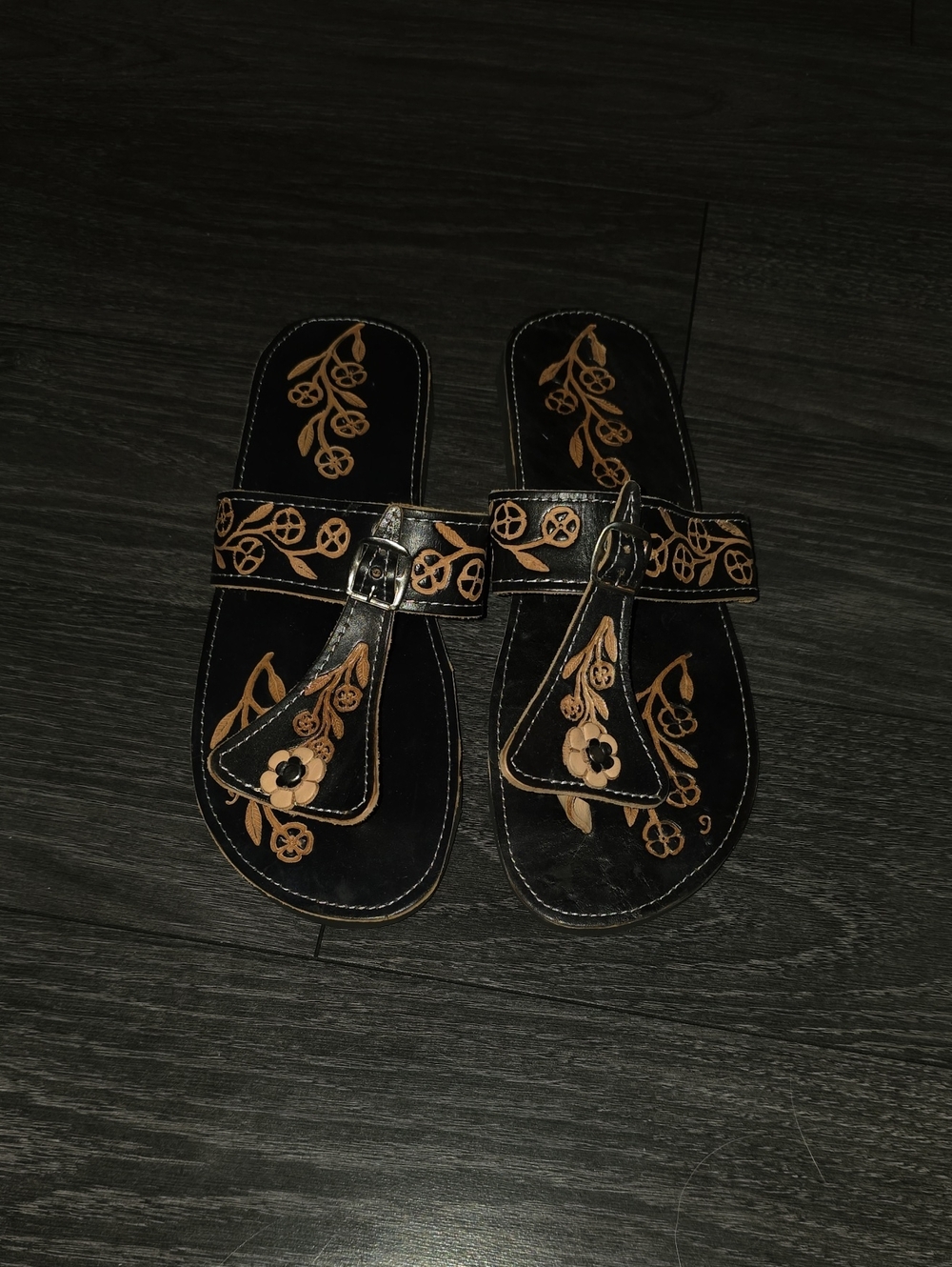 Women’s Black Floral Embroidered Thong Sandals